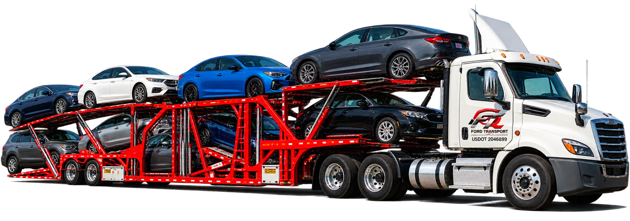 Ford Transport Cottrell 9-car hauler loaded at auto auction